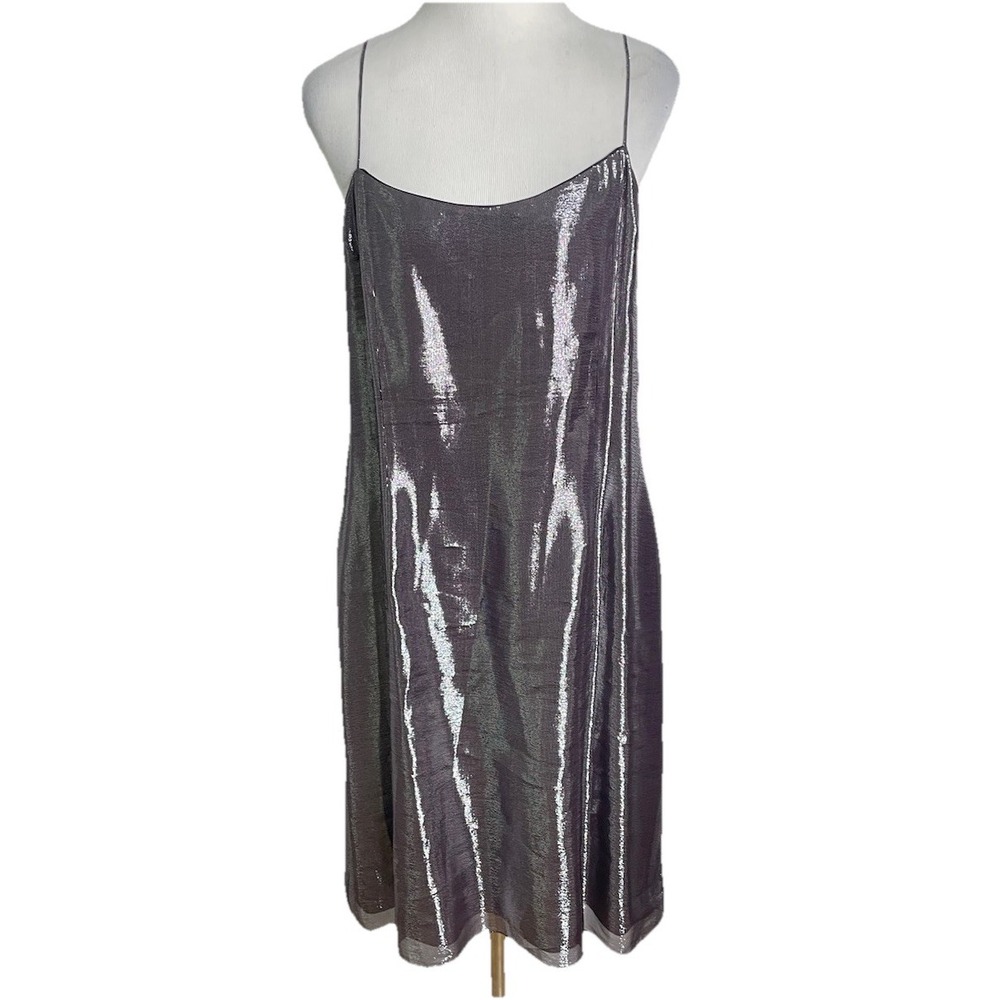 Rickie Freeman Teri Jon Purple Silver Metallic Slip Dress Silk Blend Party 14 - Picture 2 of 5